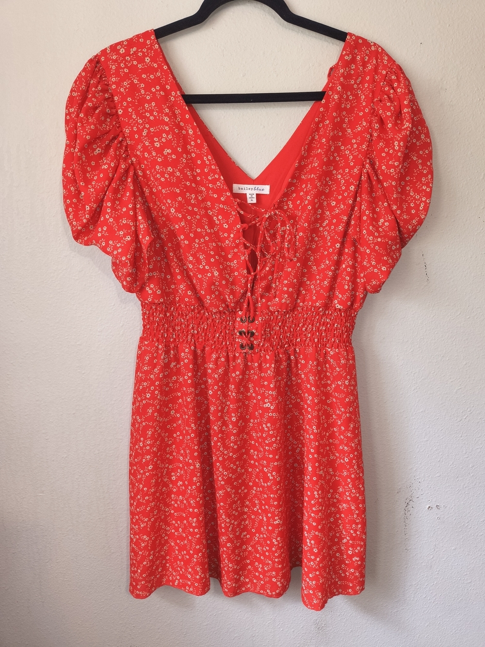 Bailey Blue Floral Puff Sleeve Lace-Up Mini Dress Smocked Waist XL